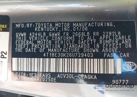 2006 Toyota Camry Xle из США, поврежденный, VIN 4T1BE30K26U729403